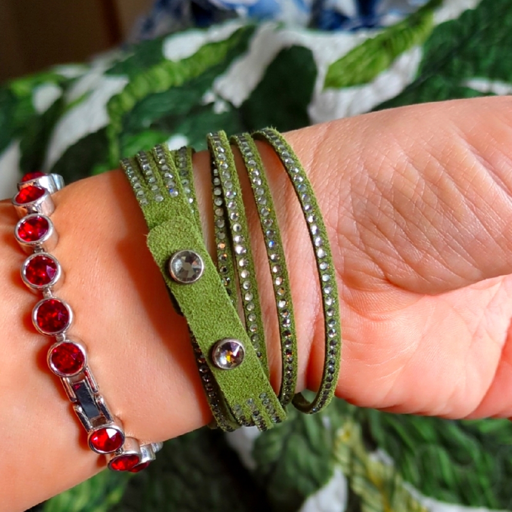 Green Suede and Crystal wrap Bracelet